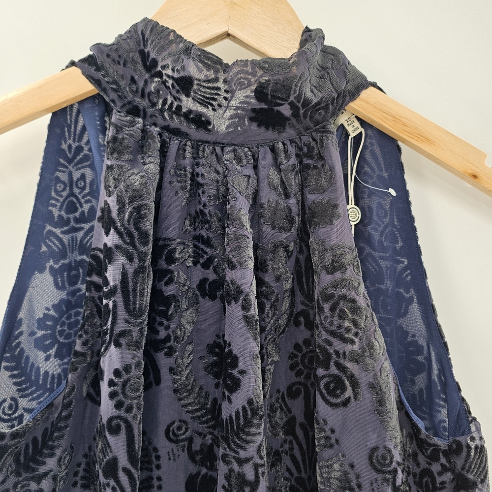 Max Studio Midnight Blue w/ Black Velvet Devore Sleeveless Tie Neck Top XSmall - Picture 5 of 13
